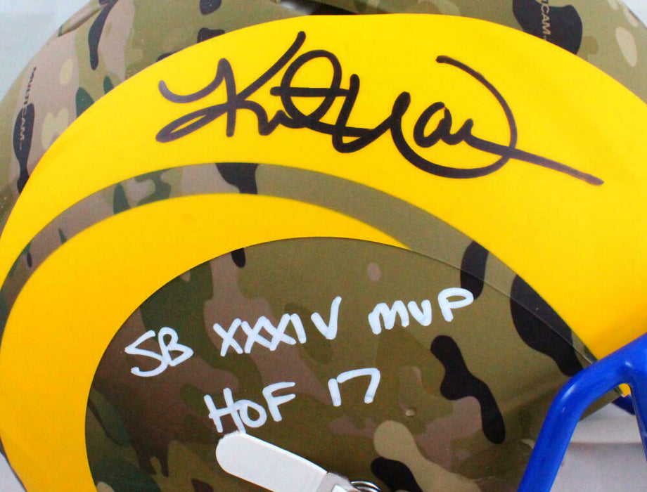 Kurt Warner St. Louis Rams Signed Authentic Camo Speed F/S Helmet 2 Insc BAS COA (Los Angeles)