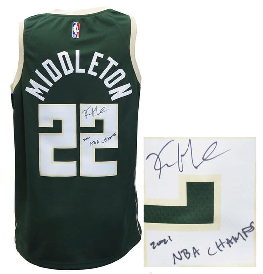 Khris Middleton Milwaukee Bucks Signed Green Nike Basketball Jersey w/2021 Champs (SCHWARTZ)