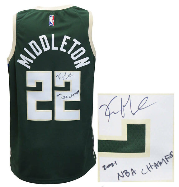 Fanatics Authentic Autographed Khris Middleton Milwaukee Bucks Nike Hunter Green Swingman Jersey with 21 NBA Champ Inscription