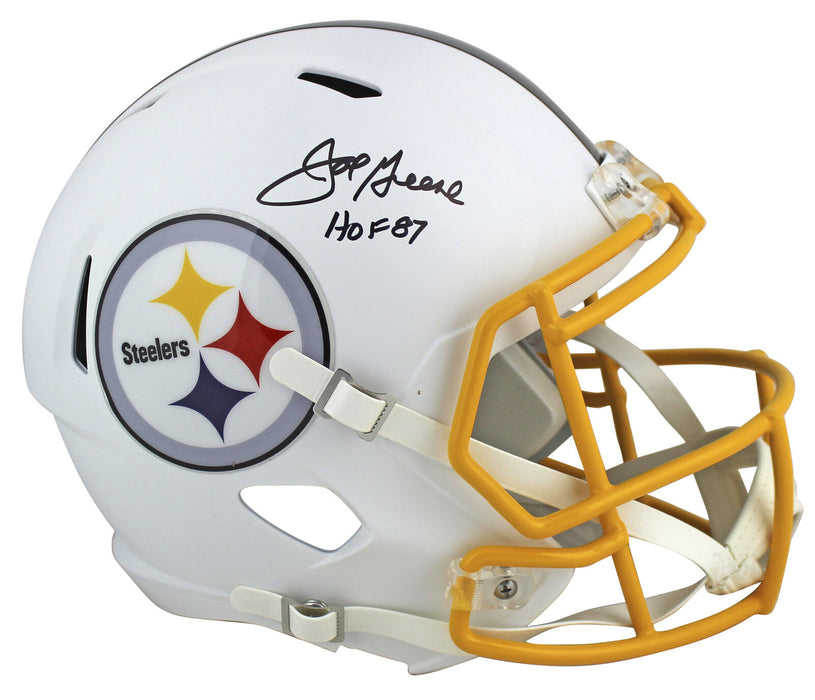 Joe Greene Pittsburgh Steelers Signed Flat White Full-sized Speed Replica Helmet with "HOF 87" (BAS COA)