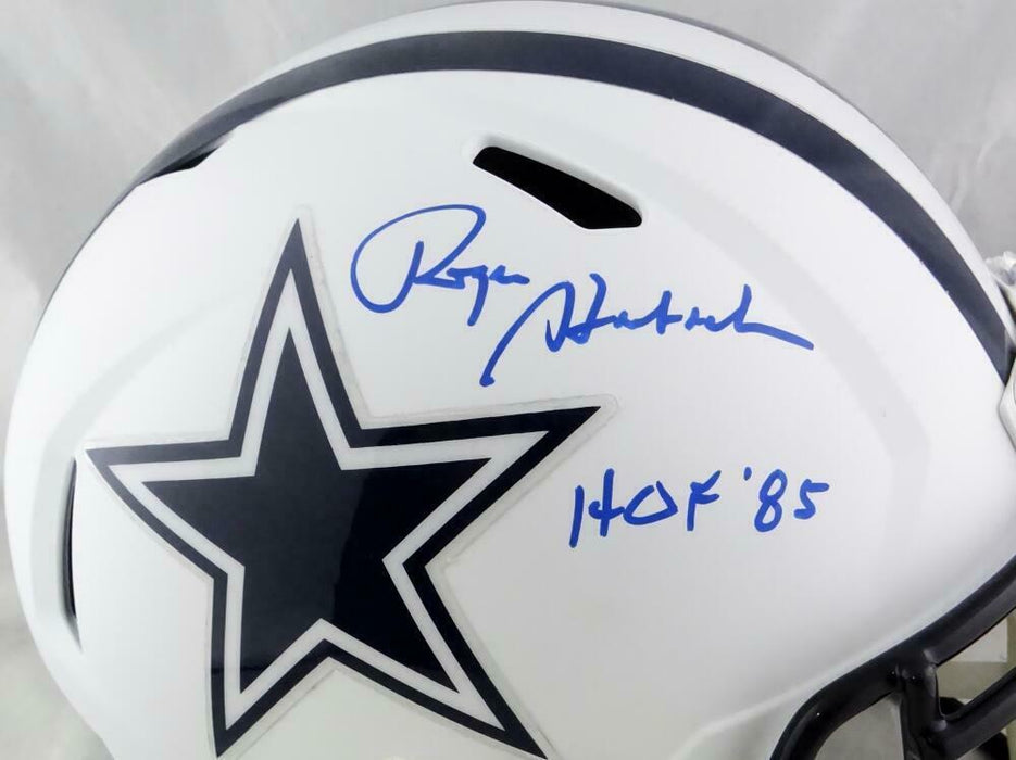Roger Staubach Dallas Cowboys Signed F/S Flat White Helmet w/Insc (BAS COA)