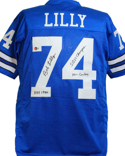 Bob Lilly Autographed Dallas Cowboys Blue Pro Style Jersey w/ 3 Insc- BAS COA