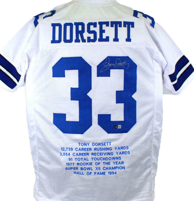 Tony Dorsett Autographed Dallas Cowboys White Pro Style STAT Jersey- (BAS COA)