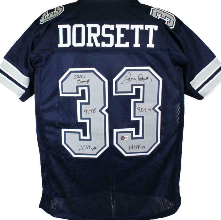 Tony Dorsett Autographed Blue Pro Style Dallas Cowboys Jersey w/5 Stats- BAS COA