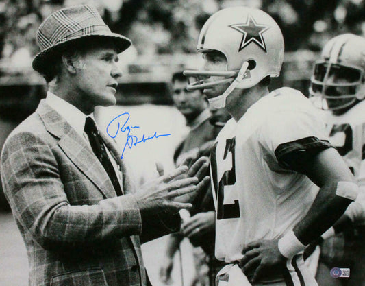Roger Staubach Autographed Cowboys 16x20 B&W w/Landry Photo- BAS COA