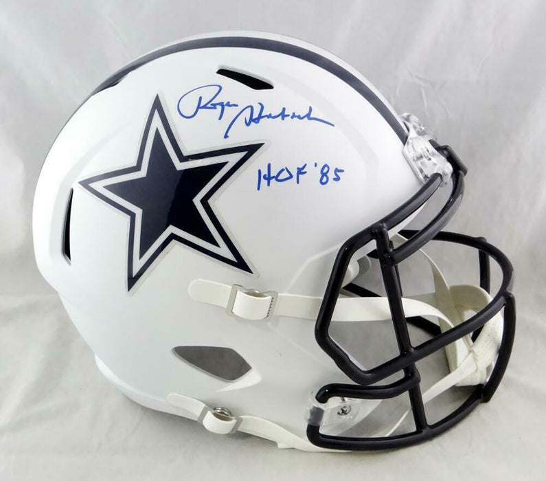 Roger Staubach Dallas Cowboys Signed F/S Flat White Helmet w/Insc (BAS COA)