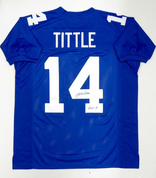 Y.A. Tittle Autographed Blue Pro Style Jersey With HOF (JSA COA)