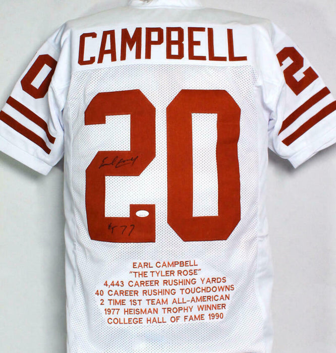 Earl Campbell Autographed White College STAT 3 Jersey W/ HT (JSA COA)