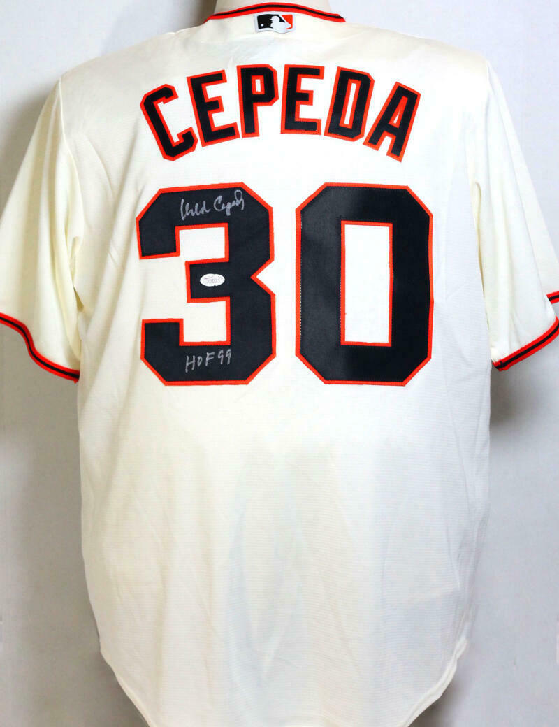 Orlando Cepeda San Francisco Giants Signed SF Giants Cream Majestic Jersey with HOF *3 (JSA COA)