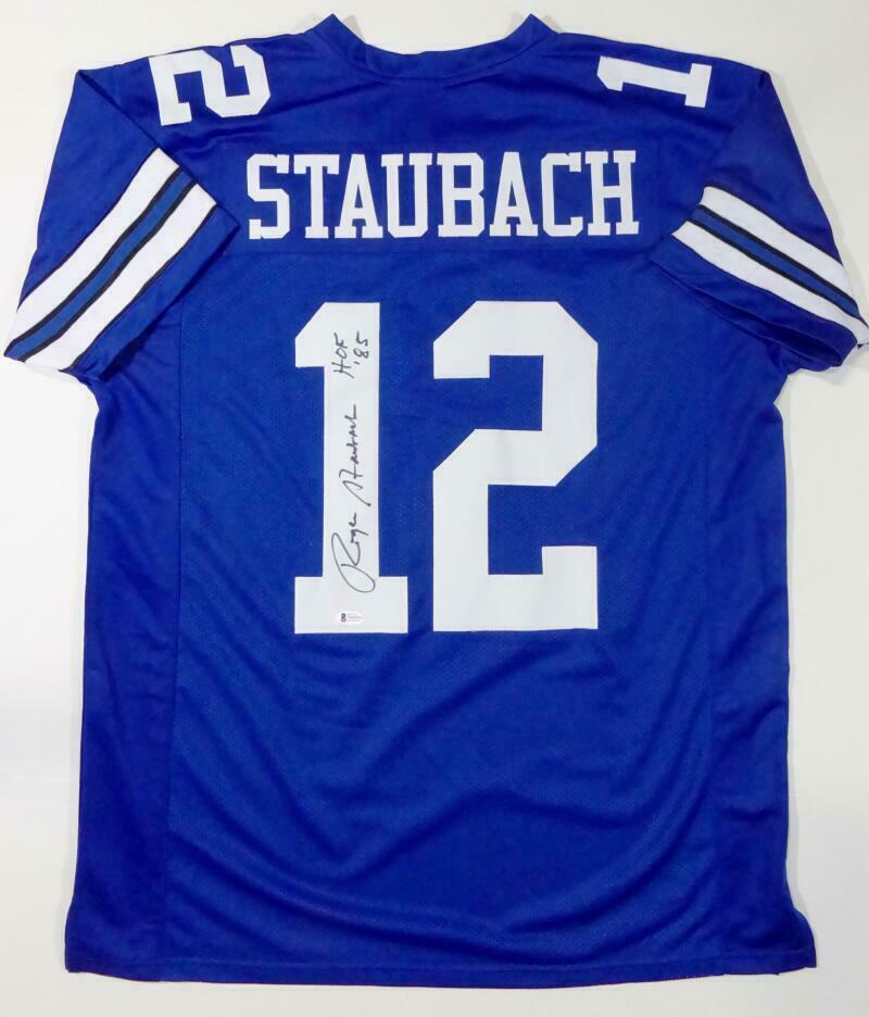 Roger Staubach Autographed and Framed Blue Cowboys Pro Style Jersey