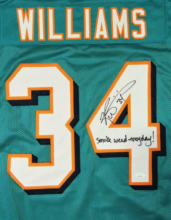 Ricky Williams Miami Dolphins Signed Teal Pro Style Jersey w/Smoke Weed Insc (JSA COA)