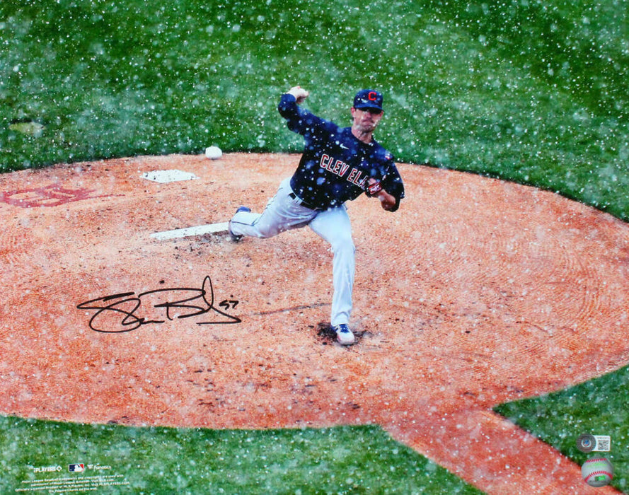 Shane Bieber Cleveland Indians Signed Cleveland Indians 16x20 Pitching In Snow Photo *Black (BAS COA)