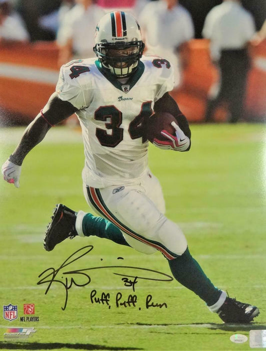 Ricky Williams Miami Dolphins Signed 16x20 Running White Jersey PF Photo with Insc (JSA COA)
