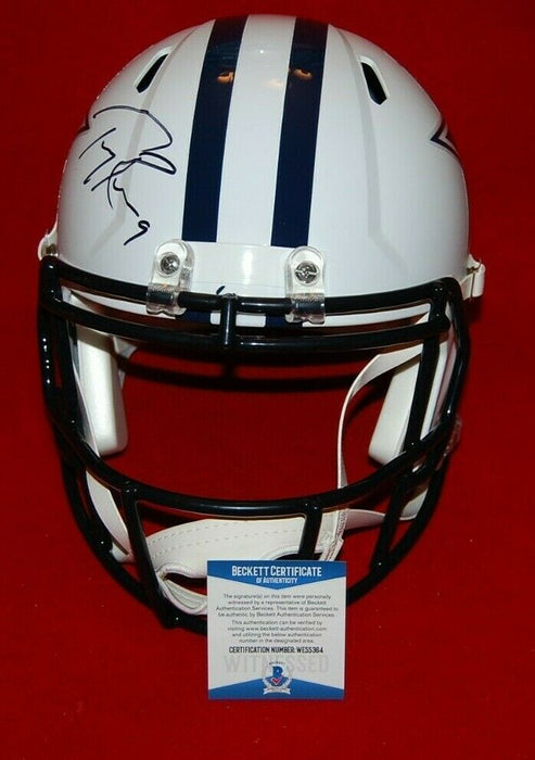 TONY ROMO Dallas Cowboys signed Flat White Full Size Helmet (BAS COA)