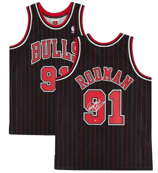 DENNIS RODMAN Chicago Bulls Signed Pinstripe Mitchell & Ness Jersey (FAN COA)