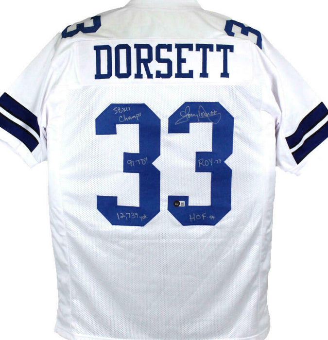 Tony Dorsett Autographed Dallas Cowboys White Pro Style Jersey w/ 5 Insc- (BAS COA)