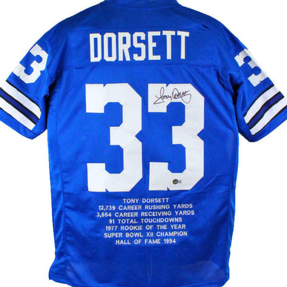 Tony Dorsett Autographed Dallas Cowboys Blue Pro Style STAT Jersey - BAS COA