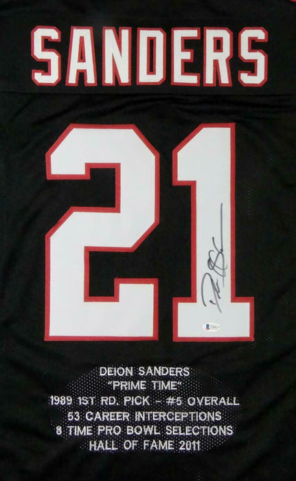 Deion Sanders Autographed Black Pro Style STAT Jersey (BAS COA)