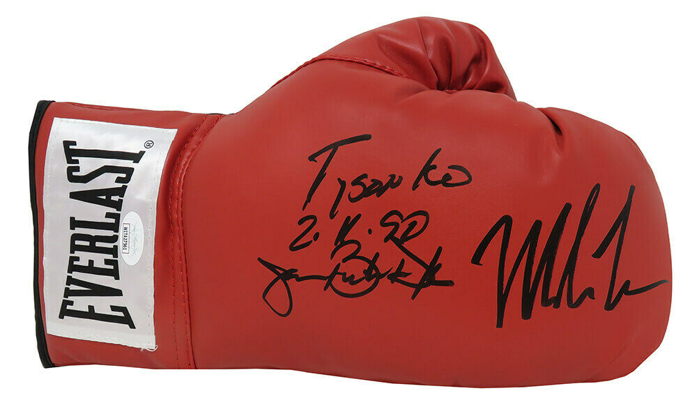 Mike Tyson & James Buster Douglas Signed Everlast Red Boxing Glove w/Insc (JSA COA)