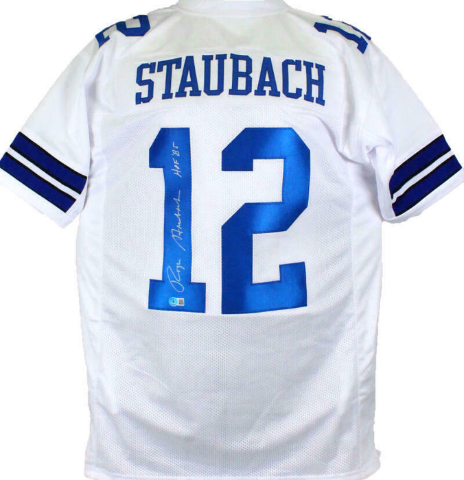 Roger Staubach Autographed Dallas Cowboys White Pro Style Jersey w/HOF- (BAS COA)
