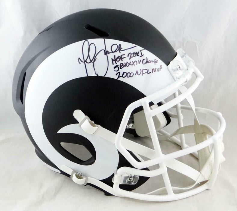 Marshall Faulk Los Angeles Rams Signed LA Rams Full-sized Flat Black Speed Helmet *Black BAS COA (St. Louis)