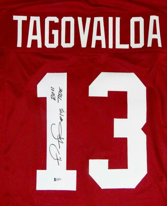 Tua Tagovailoa Signed Red College Style Jersey w/ Roll Tide (BAS COA)