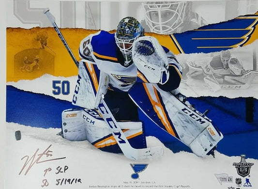 Jordan Binnington St. Louis Blues Signed "1st SCP SO 5/19/19" 11" x 14" Photo (FAN COA)