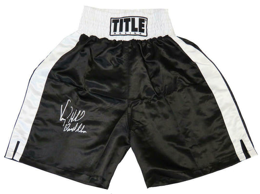 Virgil Hill Signed Title Black & White Trim Boxing Trunks w/Quicksilver (SS COA)