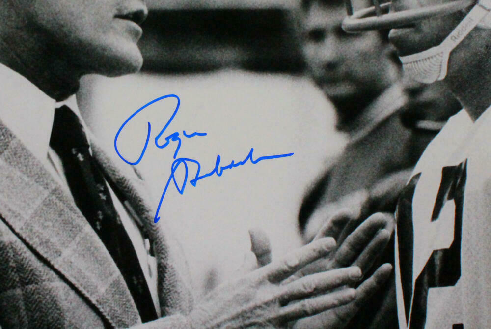 Roger Staubach Autographed Dallas Cowboys 16x20 B&W w/Landry Photo- (BAS COA)