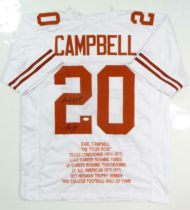 Earl Campbell Autographed White College Stat-2 Jersey W/ HT (JSA COA)