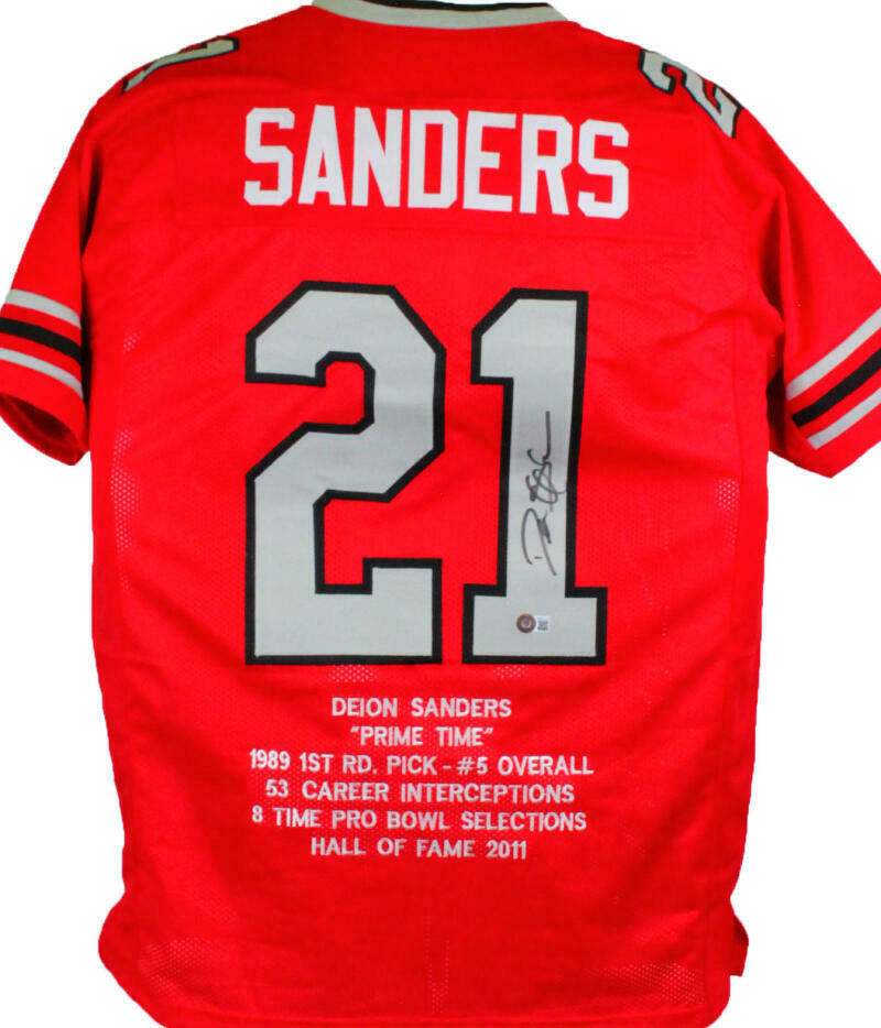 Deion Sanders Autographed Red W/ Black Pro Style Stat Jersey (BAS COA)