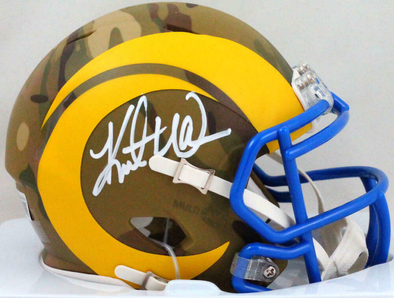 Kurt Warner St. Louis Rams Signed Camo Speed Mini Helmet BAS COA (Los Angeles)