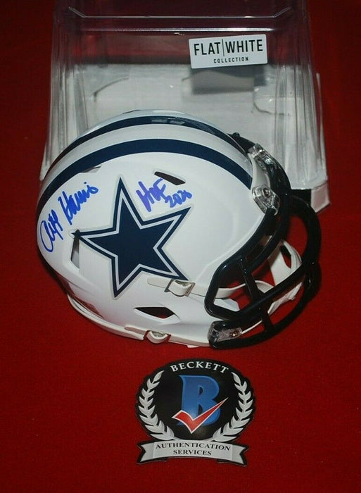 CLIFF HARRIS Dallas Cowboys signed Flat White Mini Helmet (BAS COA)