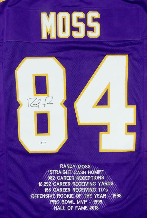 Randy Gene Moss Minnesota Vikings Signed Purple Pro Style Stat Jersey (BAS COA)