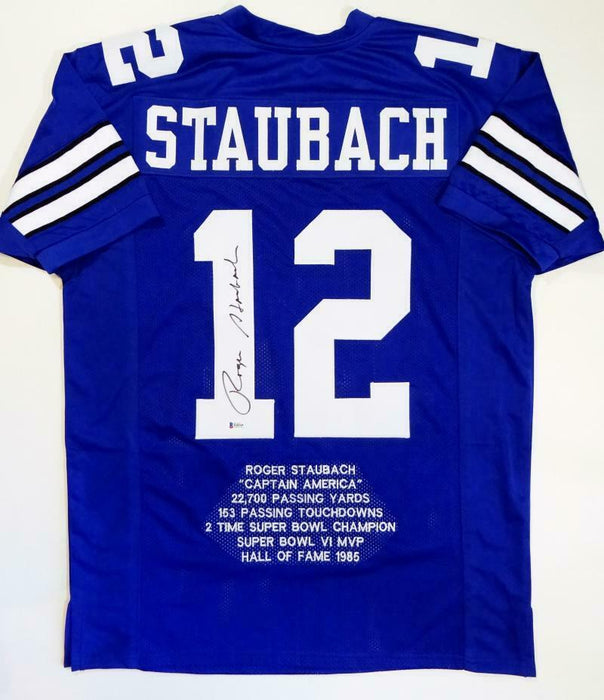 Roger Staubach Autographed Blue Stat5 Pro Style Jersey (BAS COA)