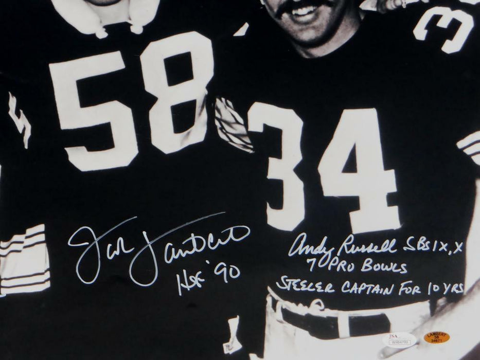 Jack Ham/Jack Lambert/Andy Russell Pittsburgh Steelers Signed 16x20 B&W Photo with HOF & Captain (JSA COA)