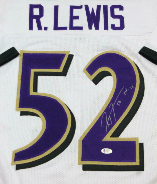 Ray Lewis Autographed White Pro Style Jersey w/HOF (BAS COA)