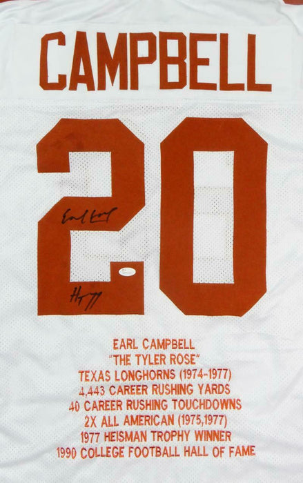 Earl Campbell Autographed White College Stat-2 Jersey W/ HT (JSA COA)