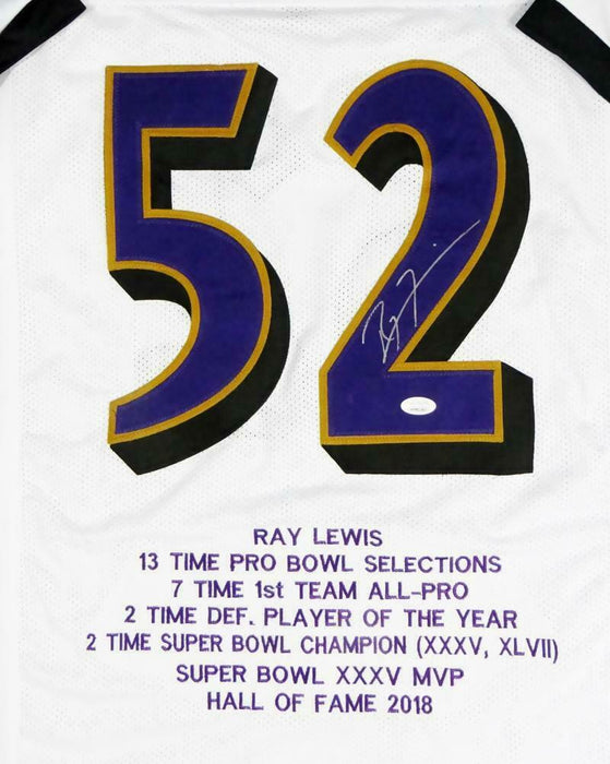 Ray Lewis Baltimore Ravens Signed White Pro Style STAT Jersey (JSA COA)