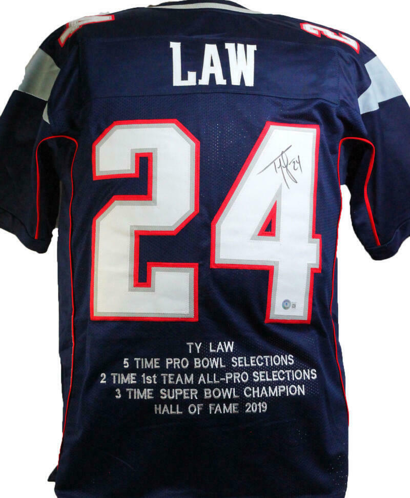 Ty Law New England Patriots Autographed Blue Pro Style STAT Jersey- (BAS COA)