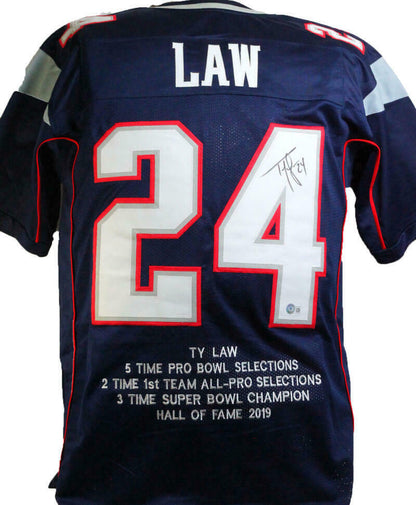 Ty Law New England Patriots Autographed Blue Pro Style STAT Jersey- (BAS COA)