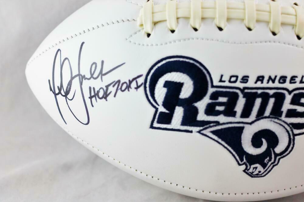 Eric Dickerson / Marshall Faulk Los Angeles Rams Signed Rams Logo Football with HOF BAS COA (St. Louis)