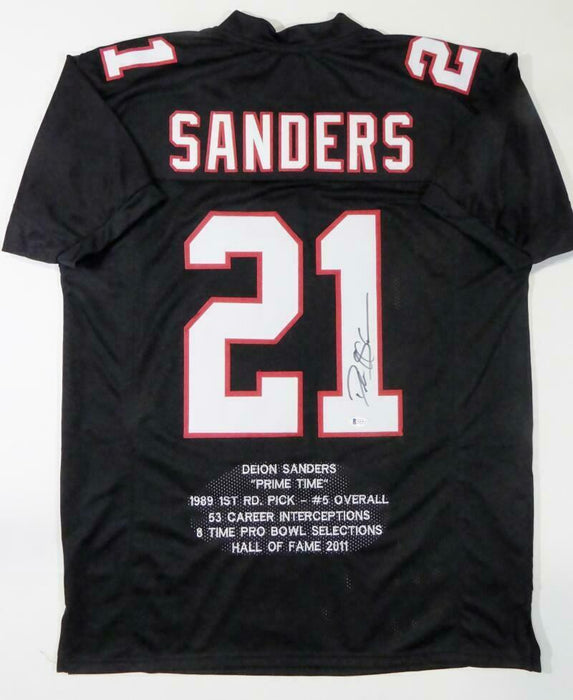 Deion Sanders Autographed Black Pro Style STAT Jersey (BAS COA)