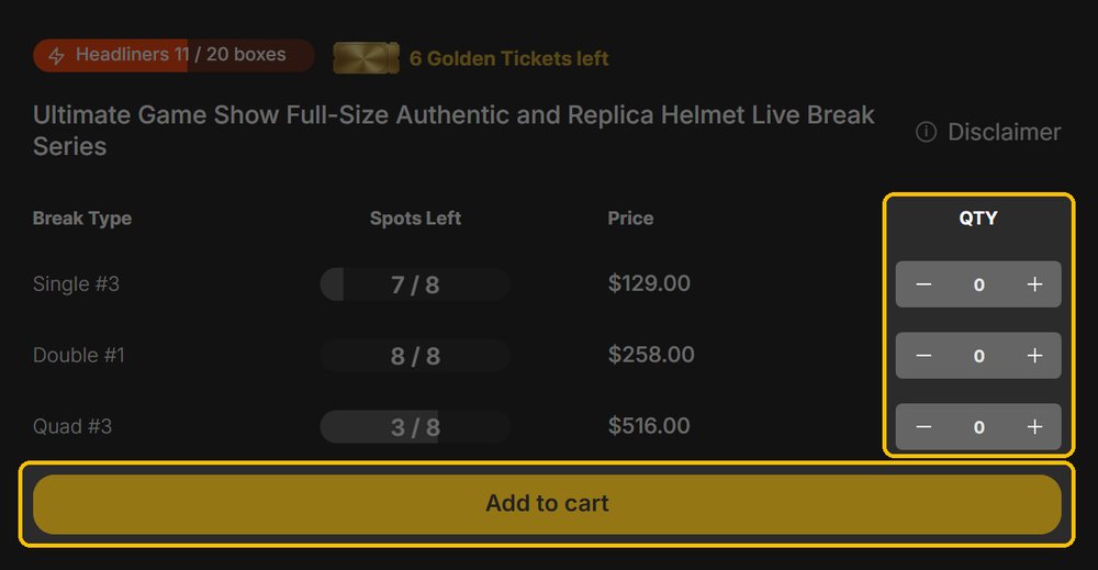 The QTY buttons and the Add to cart button on a live break card