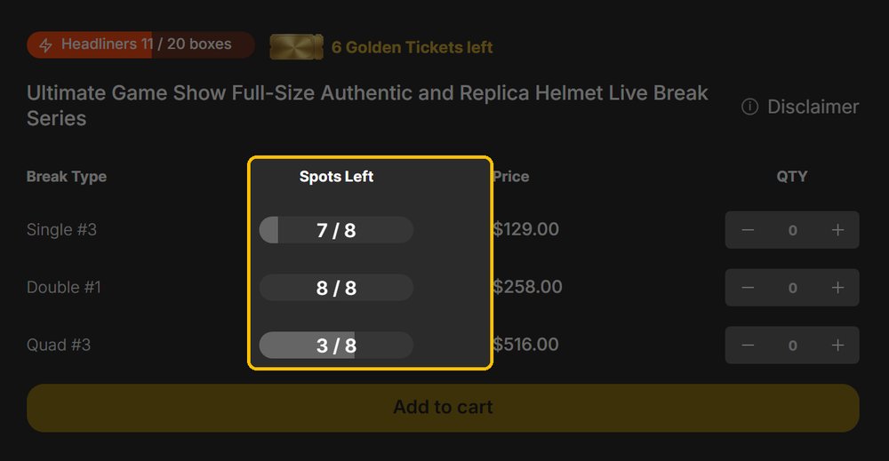 The Spots Left column showing 7 / 8, 8 / 8 and 3 / 8
