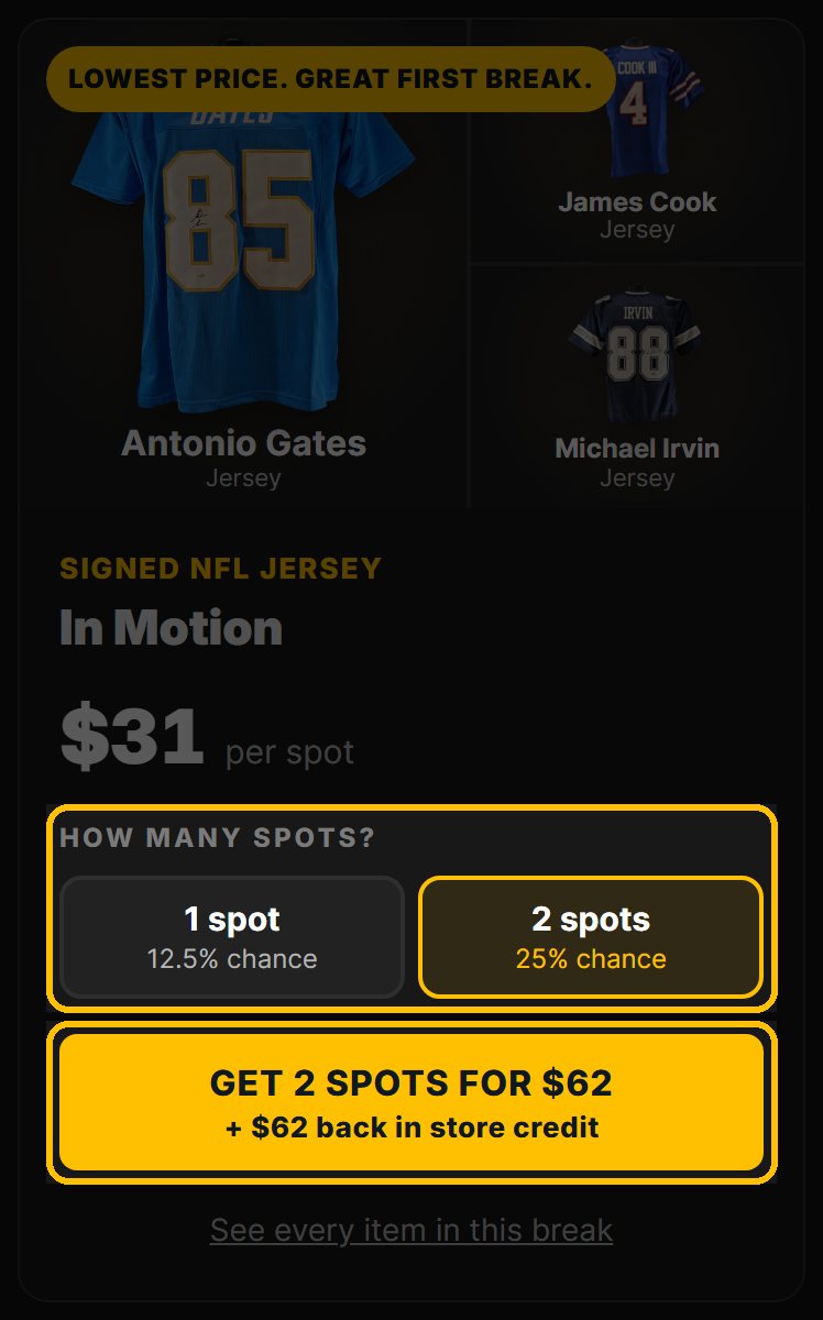 The How many spots options and the gold Get spots button outlined on a break card